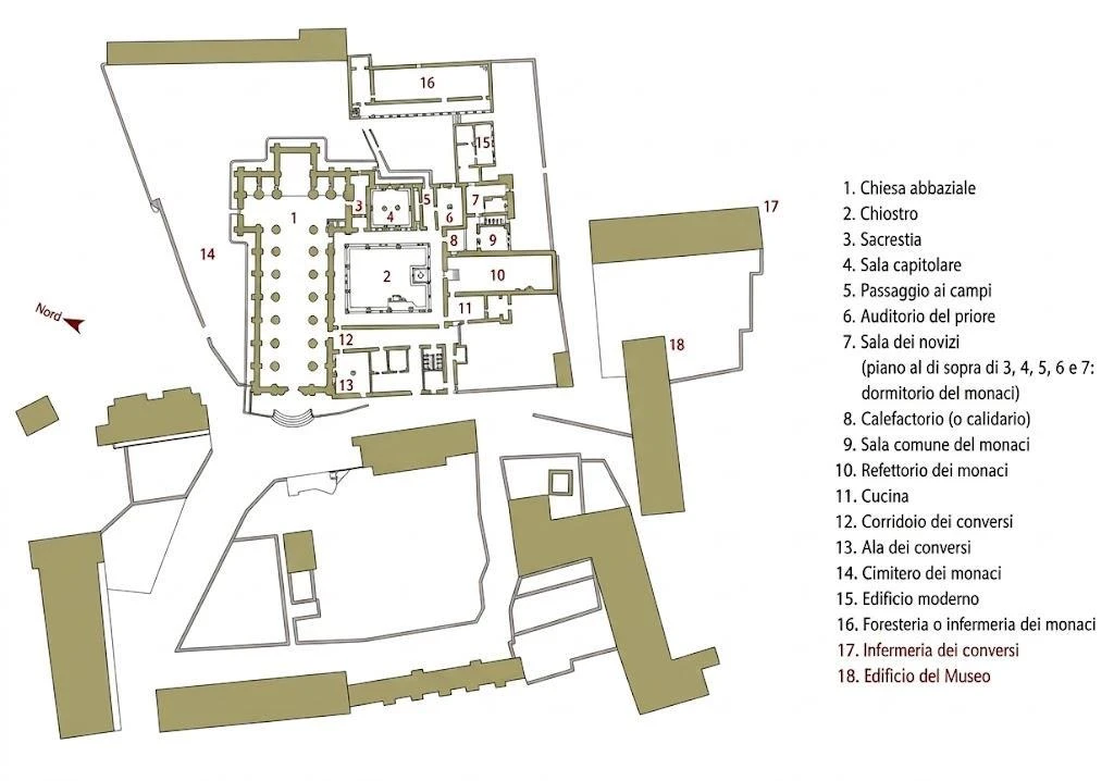 Planimetria del complesso dell’Abbazia di Fossanova; l’Infermeria dei Conversi è indicata con il numero 17